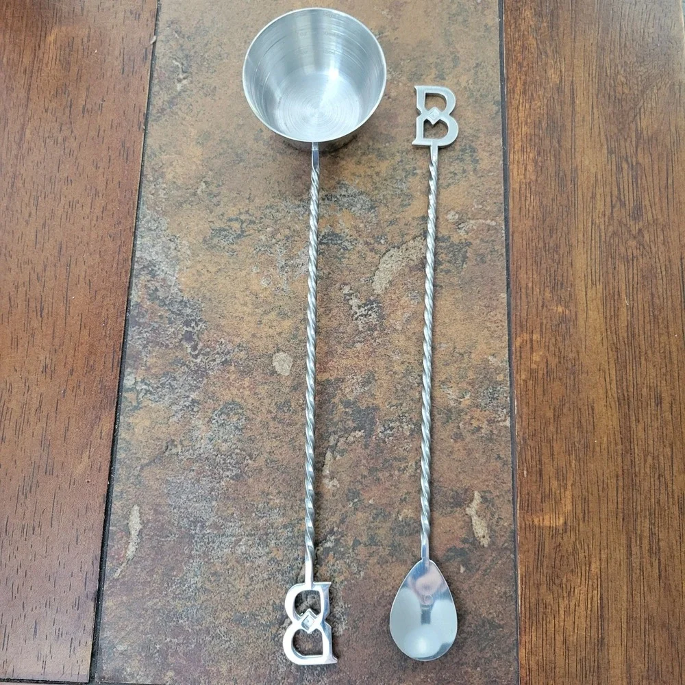 Vintage MCM Bar Set Cocktail Spoon & Long Handle Jigger Silver Stainless Steel
